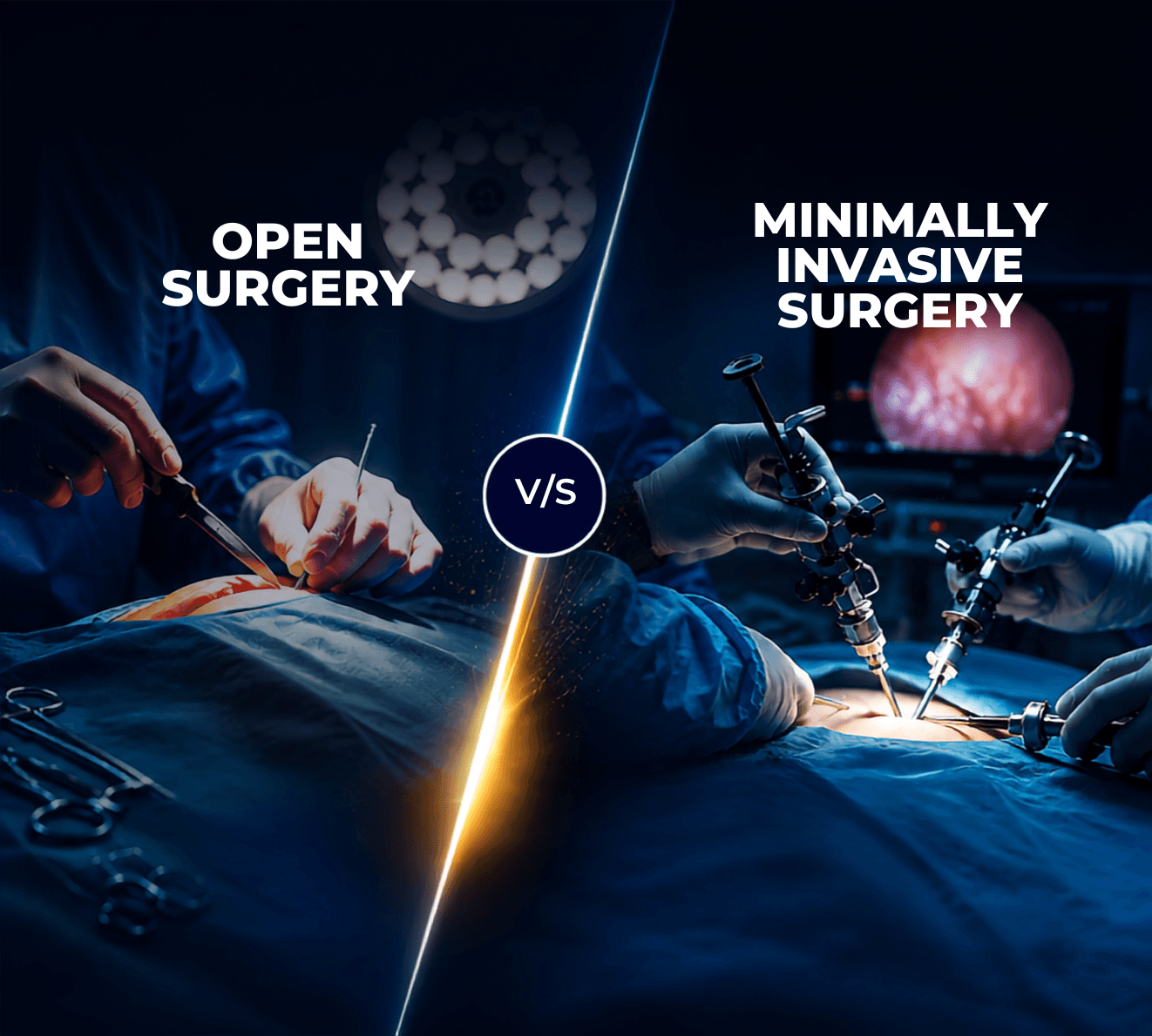 Comparison banner showing open surgery and minimally invasive laparoscopic surgery, highlighting the differences in surgical techniques, incision size, and advanced surgical technology by AMS Advanced MedTech Solutions.